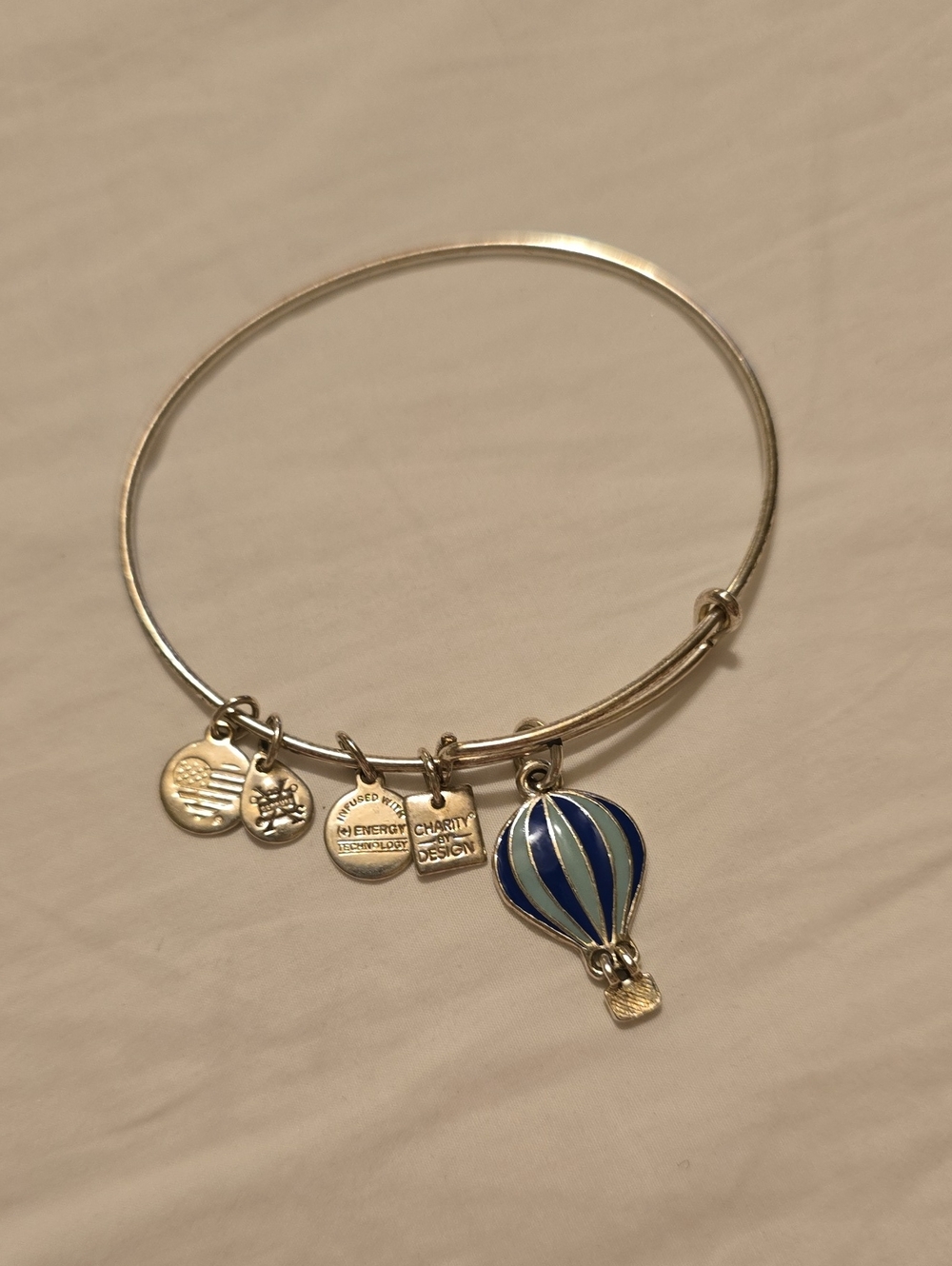 Alex and Ani Silver-Tone Bangle with Blue and Silver Hot Air Balloon Charm
